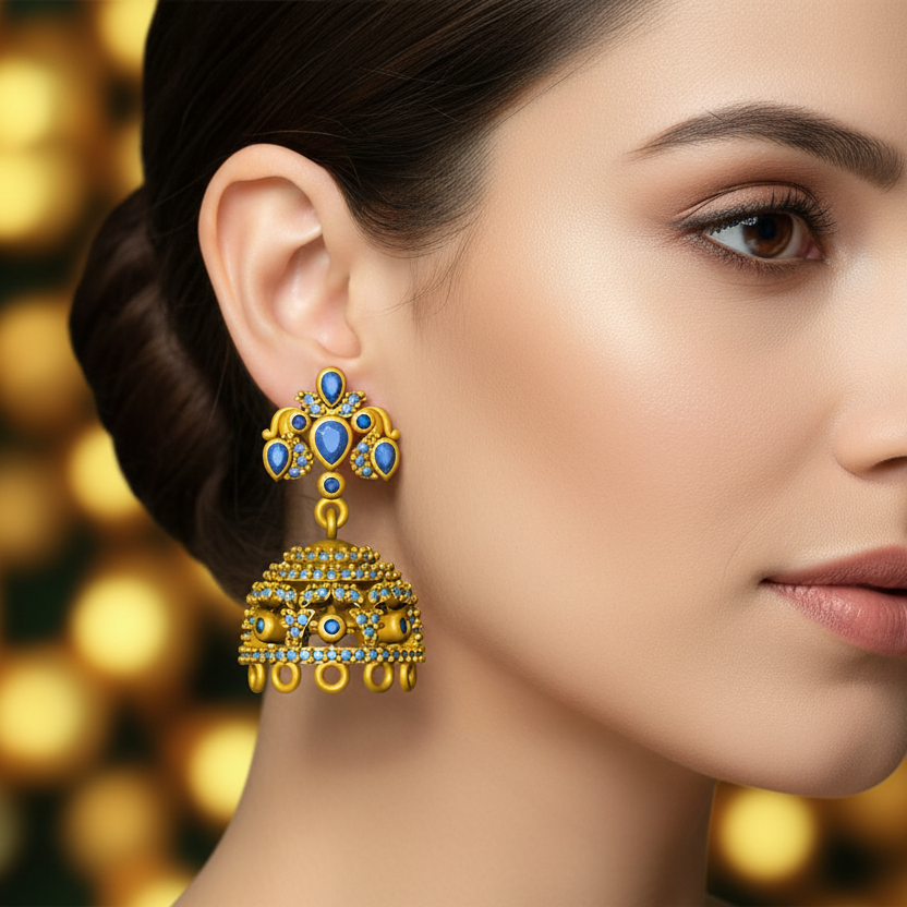 Gold and blue gemstone earring on a green background