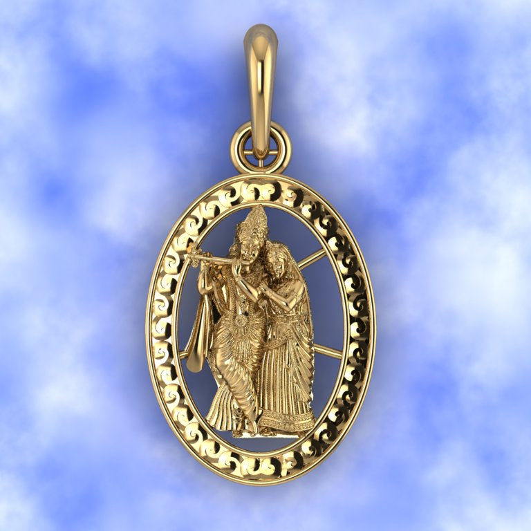 Gold pendant with religious figure design on a blue and white abstract background