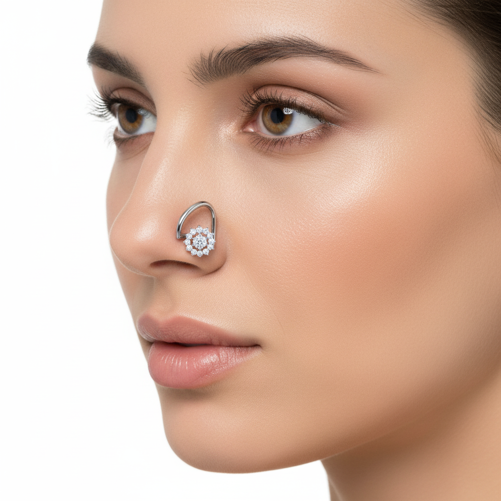 Close-up of a woman's face wearing a diamond nose ring on a white background