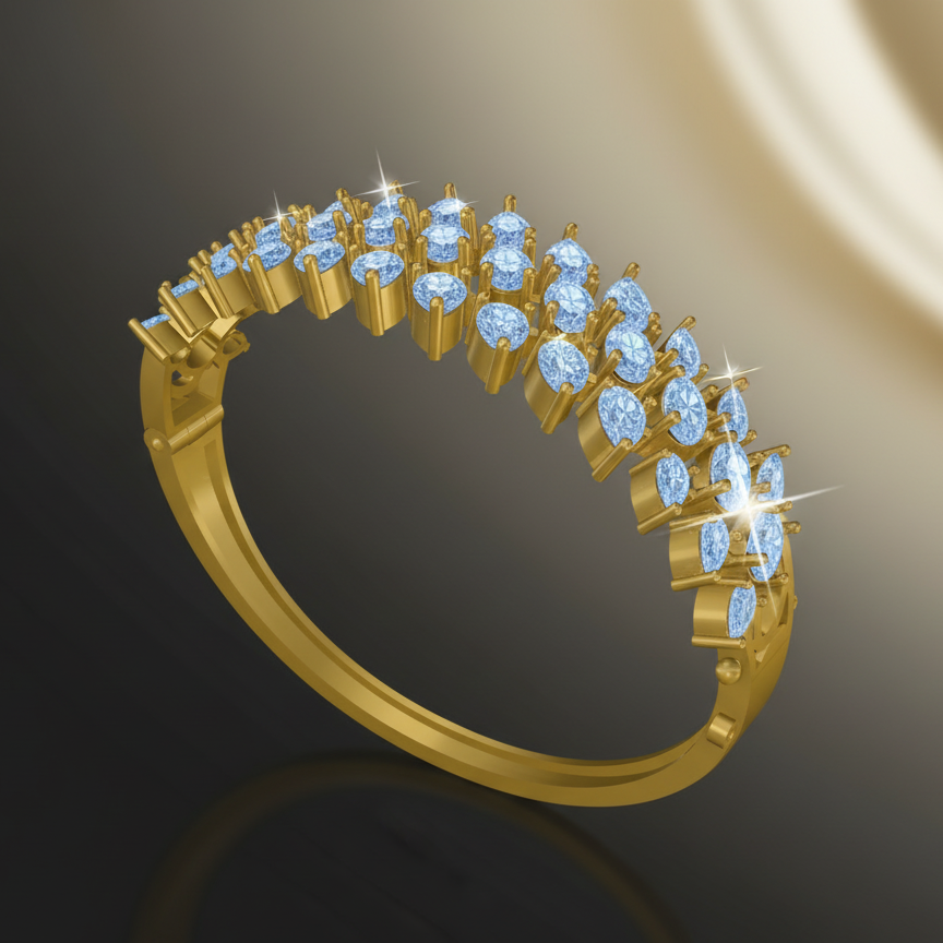 Gold ring with blue gemstones on a black background