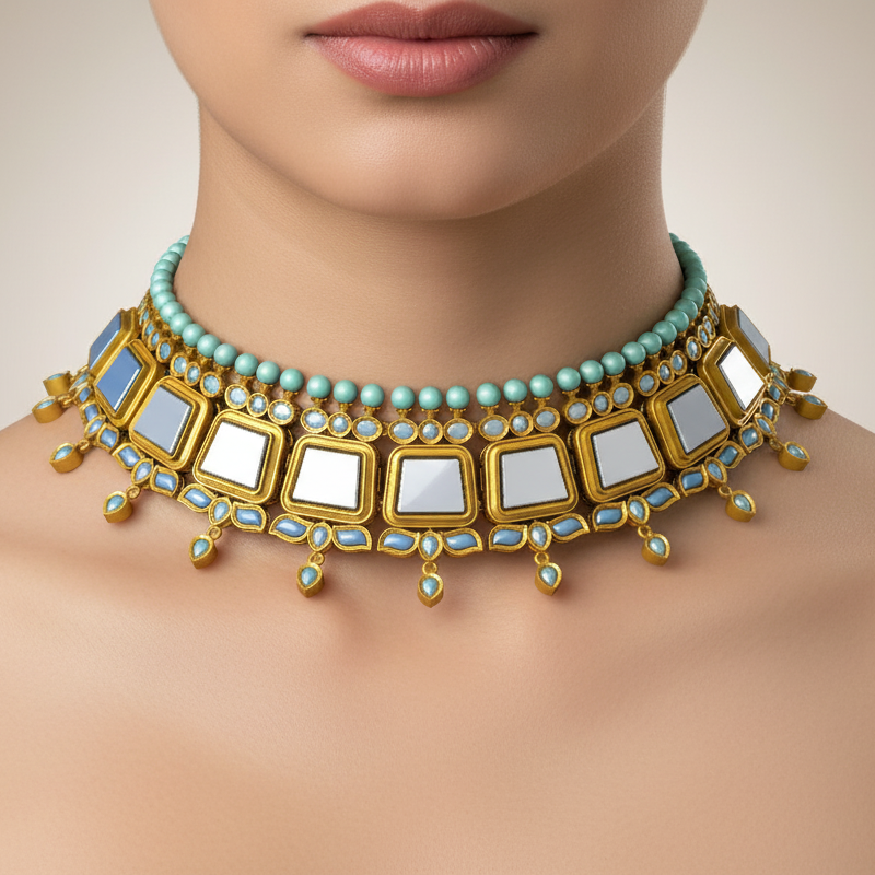 Elegant gold and turquoise necklace on a neutral background