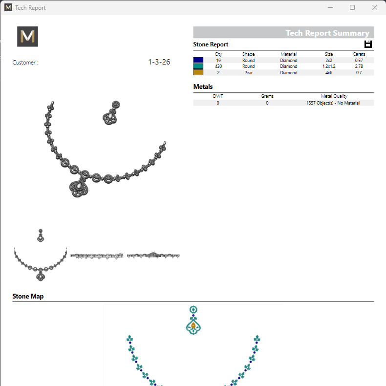 Jewelry design software interface showing necklace and gemstone details.