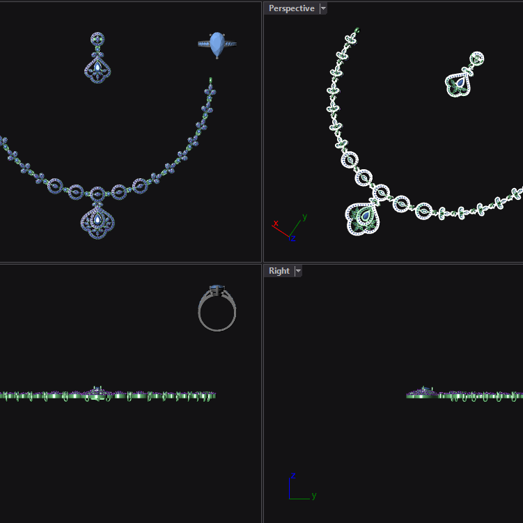 3D modeling software interface displaying a necklace with various views.