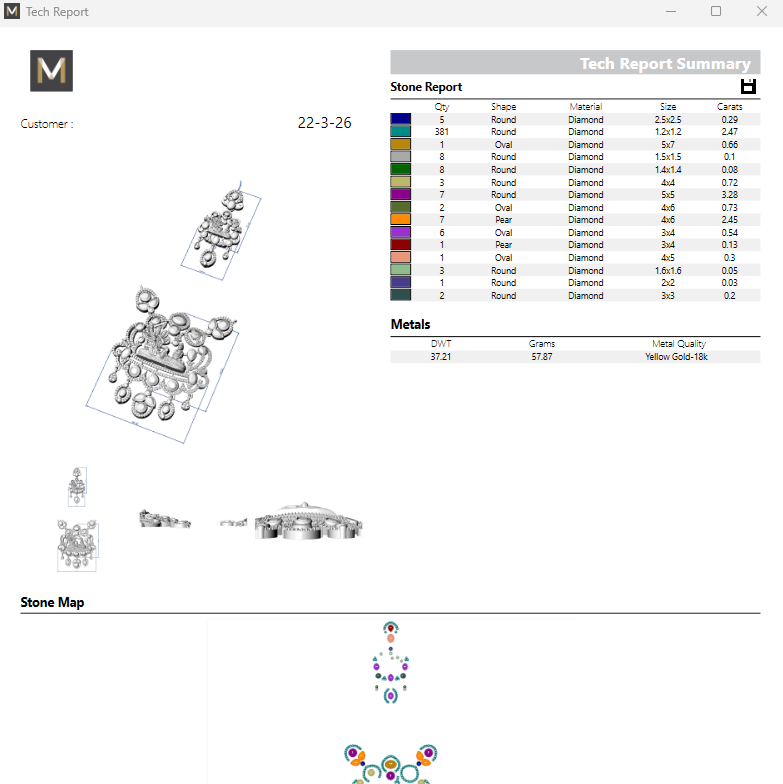 Jewelry design software interface with various gemstone illustrations and a stone report.