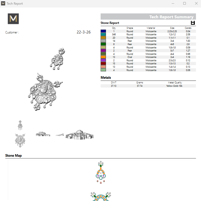 Jewelry design software interface with stone and metal selection tools on a white background