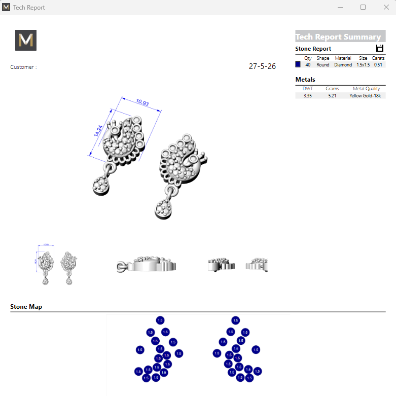 Computer screen displaying jewelry design software with earring models and stone maps.