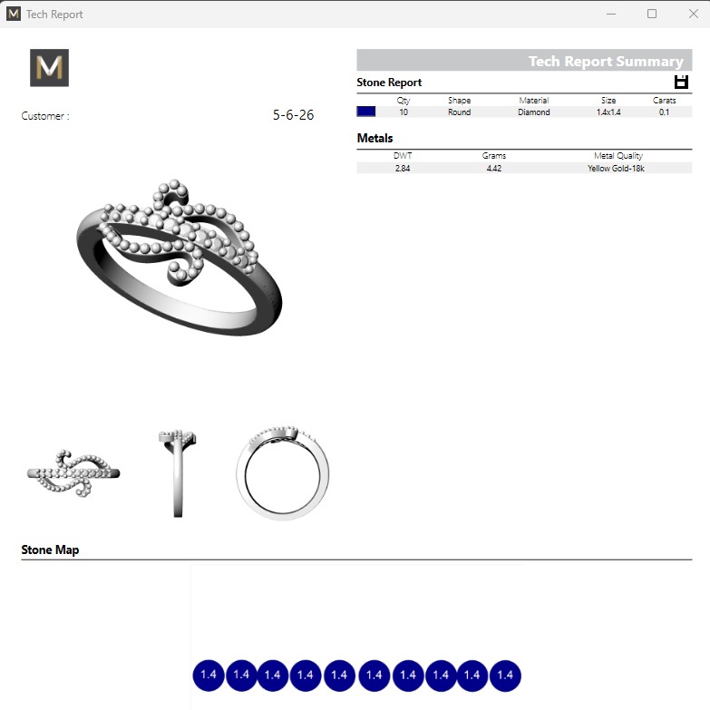 Jewelry report with ring illustration and technical details on a white background
