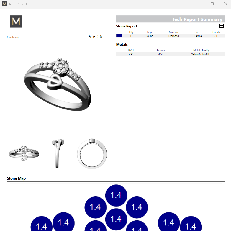 Jewelry app interface with ring images and technical report details.