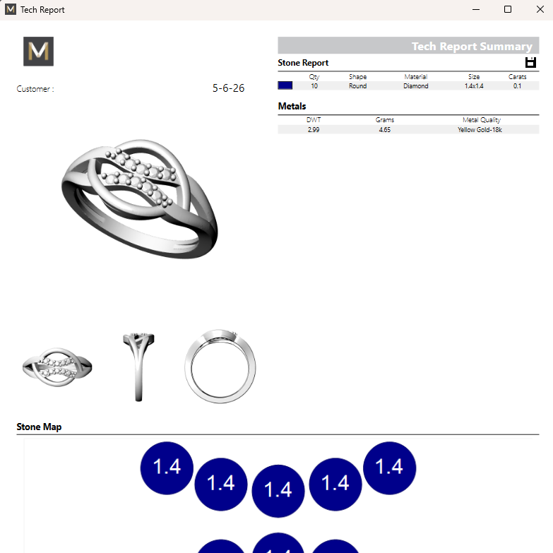 Jewelry software application displaying a ring with technical specifications and stone map.