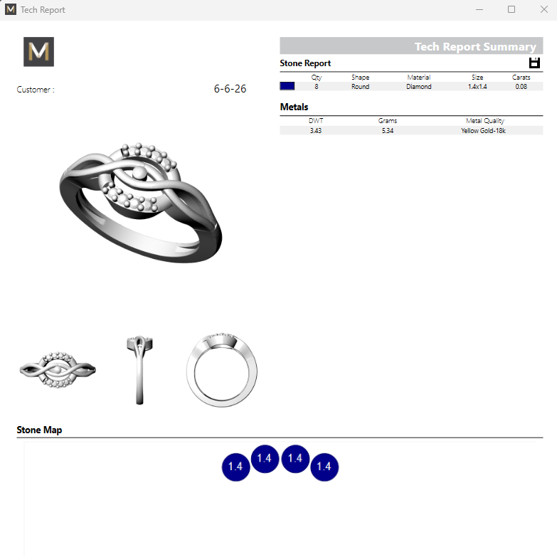 Jewelry app interface with ring diagram and stone map on a white background