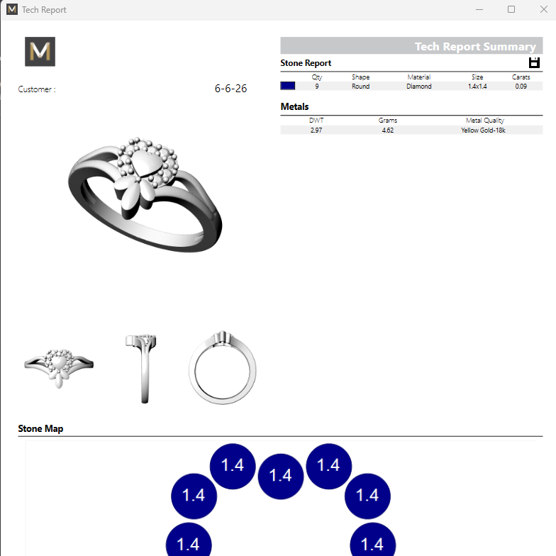 Jewelry app interface with ring illustration and technical report details