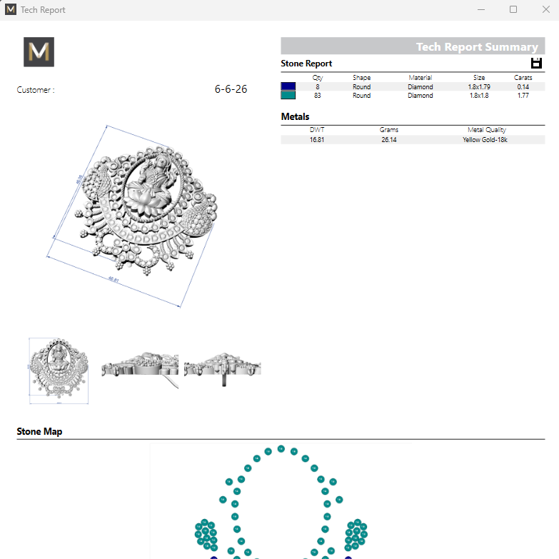 Jewelry design software interface with diamond necklace diagram and technical report.