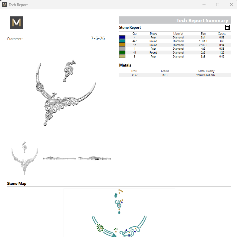 Jewelry design software interface with necklace illustrations and technical report details.