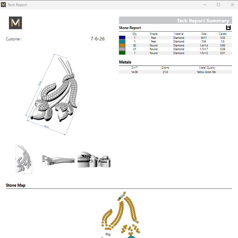 Jewelry design software interface with a necklace diagram and stone report.