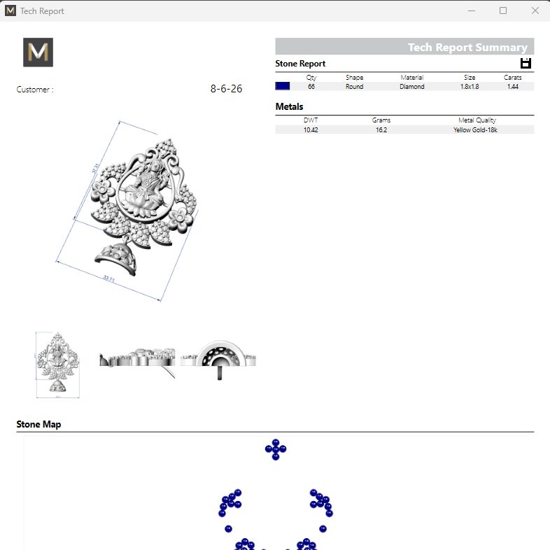 Screen capture of a gemstone report with a diamond illustration and text on a white background.