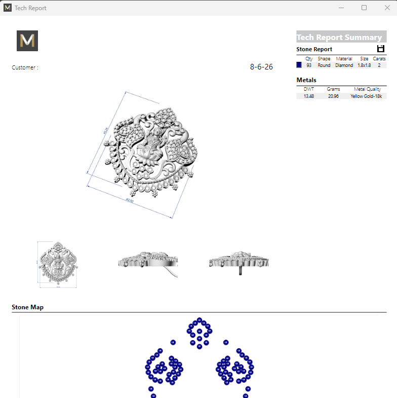 Jewelry design software interface with gemstone illustrations and layout tools.