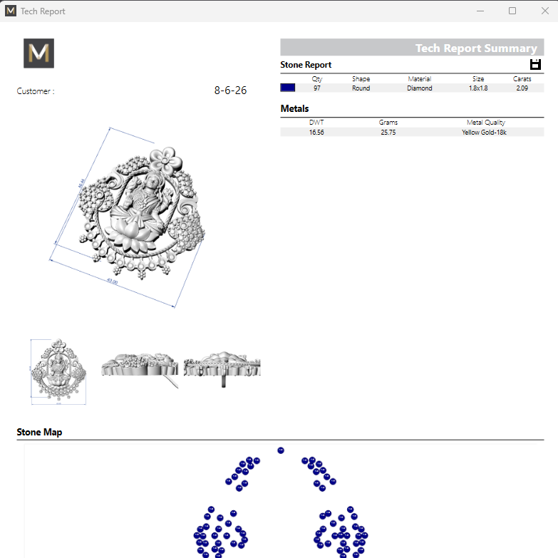 Technical report for a diamond with images and measurements displayed.