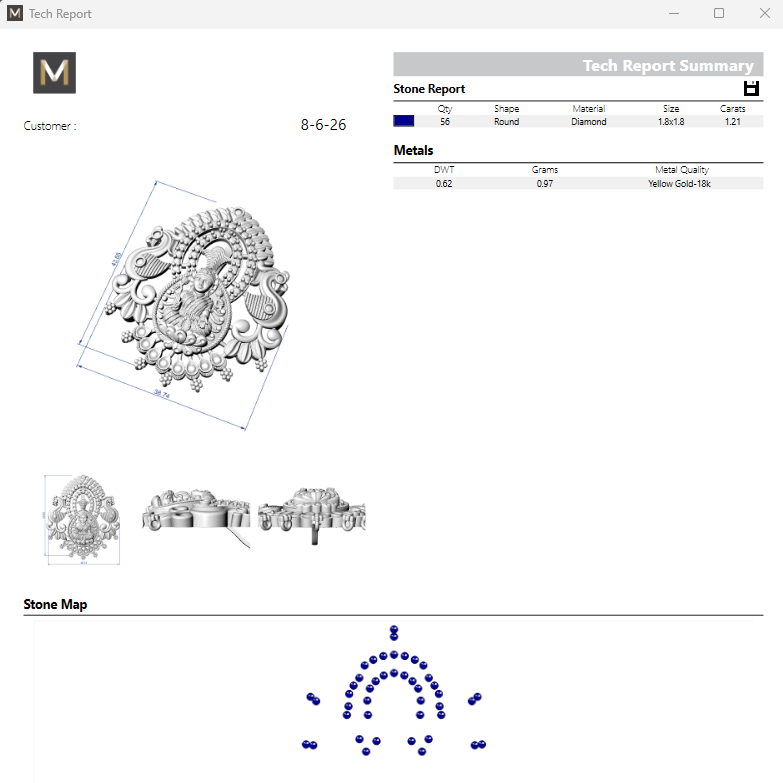 Diamanté stone design with technical report and stone map on a software interface