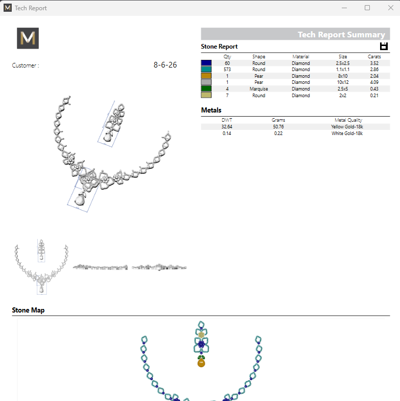 Jewelry report with necklace images and technical details on a computer screen