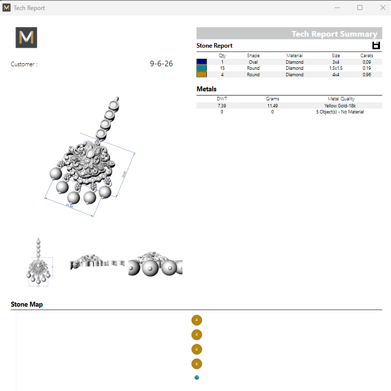 Computer screen displaying a jewelry software application with stone report and stone map features.