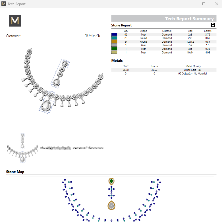Jewelry report with necklace design, stone map, and technical details on a software interface.