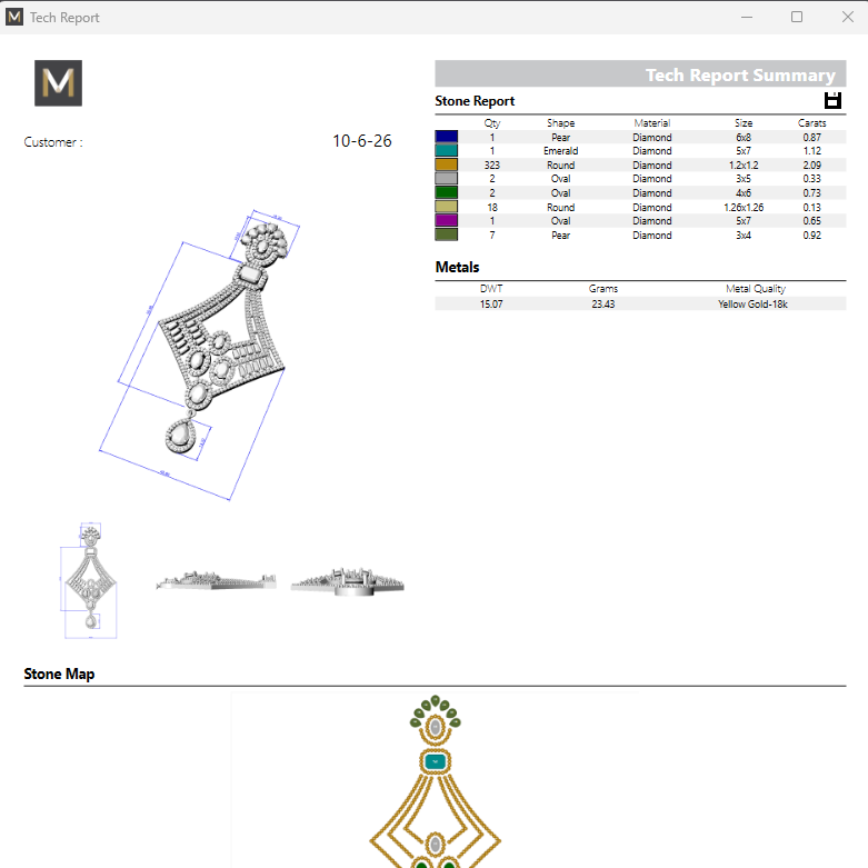 Jewelry design software interface with earring and ring models and technical report.