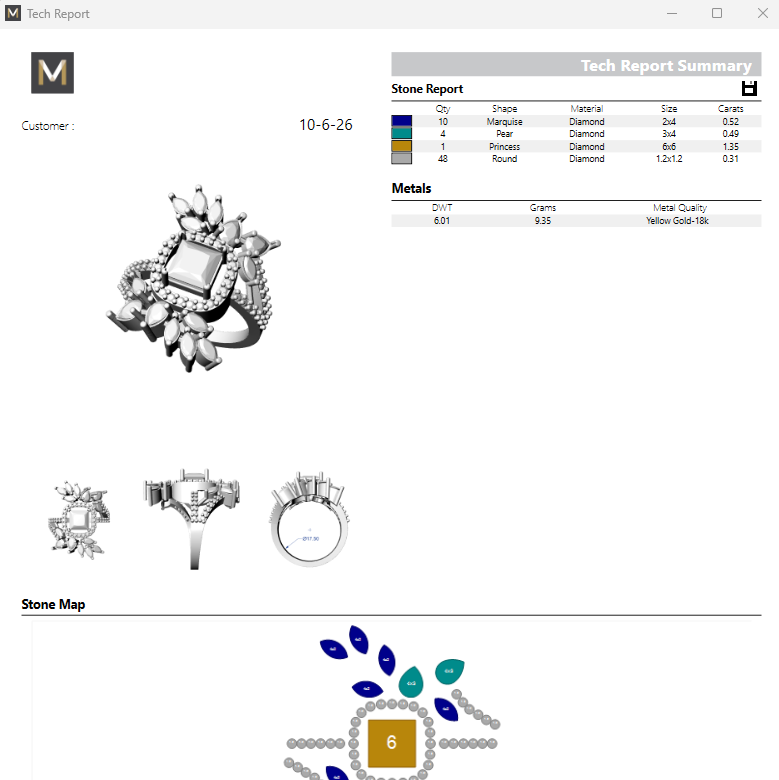 Jewelry software interface with ring design and technical report summary
