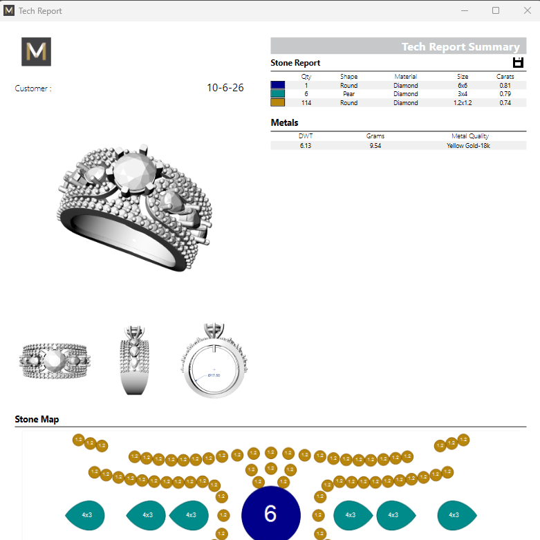Computer screen displaying a jewelry software application with diamond ring images and reports.