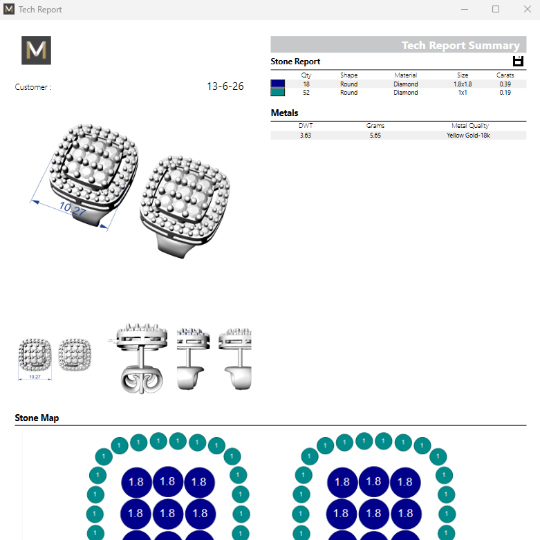 Jewelry report with diamond earring images and technical details on a computer screen.