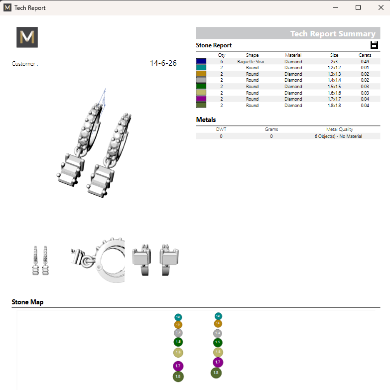 Software interface displaying jewelry design elements and technical report summary.