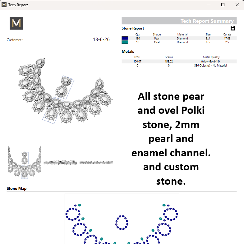 Jewelry design software interface with necklace illustrations and technical report details.