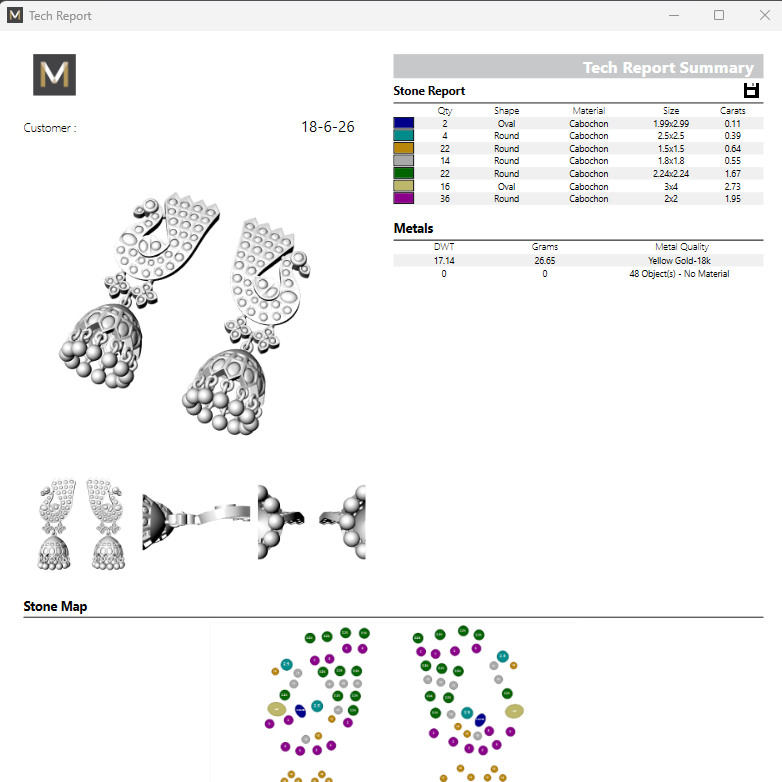 Jewelry report with earring images and stone map on a software interface