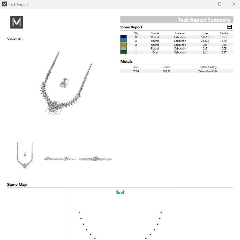Jewelry app interface with necklace design and technical report on a white background