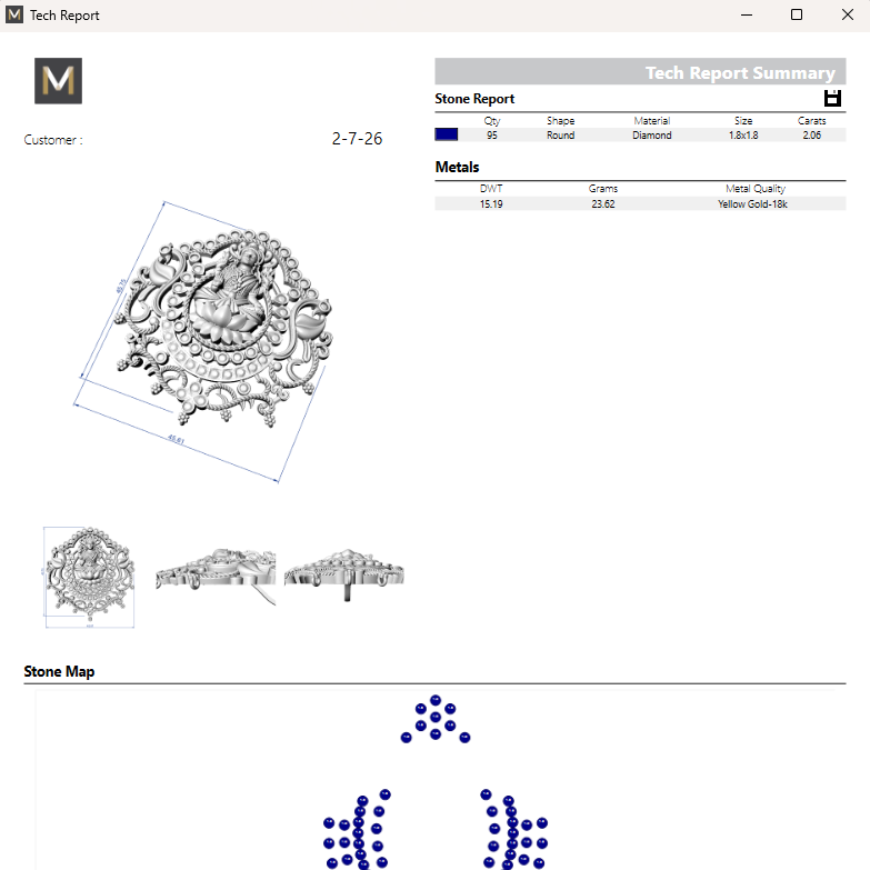 A technical product report sheet showing a 3D rendered ornate circular stone and metal decorative piece, smaller isometric views, a stone report table, and a stone map with blue dot clusters on a white background.