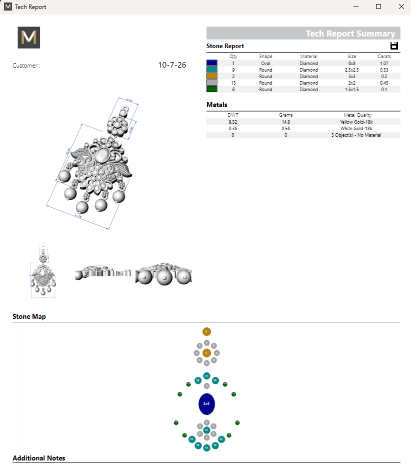 A screenshot of a gemstone quality report interface titled 'Tech Report' with a customer header, a summary table, grayscale 3D renderings of a carved gemstone, a stone map chart, and additional notes sections on a white document layout.
