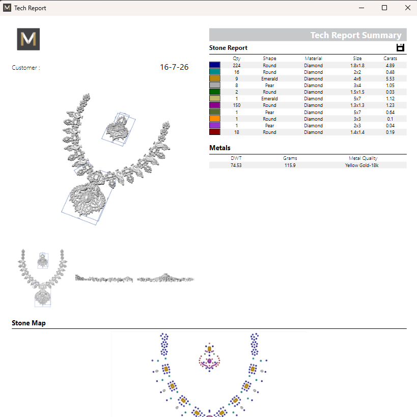 A screenshot of a jewelry tech report and stone report summary page showing a necklace diagram, color stone breakdown table, stone map, and customer details.