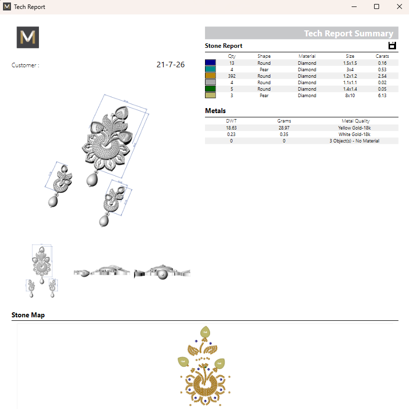 A technical report and stone report summary for a gold-toned floral pendant with round and marquise-cut diamonds, showing 3D renders, a color stone map, and metal breakdown on a white document layout.