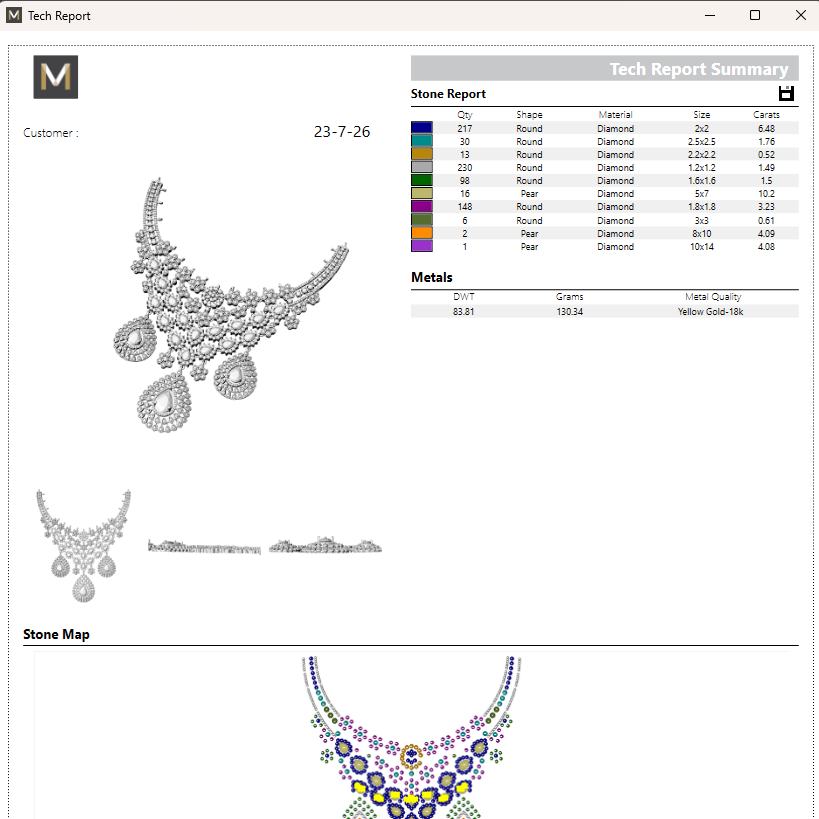 A screenshot of a jewelry technical report and stone map document, showing CAD renderings of a statement necklace, a smaller matching necklace, a bracelet, and a color/stone summary table on a white page with a gray Tech Report header.