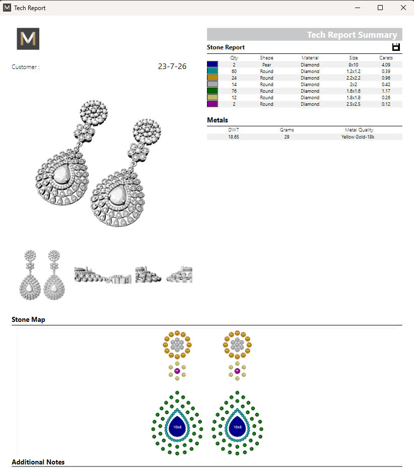 A jewelry product page showing a pair of silver-toned teardrop drop earrings with circular pavé-style tops, alongside a stone report summary and color/stone map. The page includes multiple small views of the earrings and a customer logo.