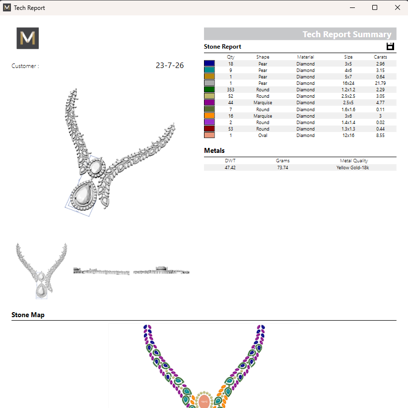 A jewelry technical report and stone report sheet showing a diamond necklace with gemstone details, a stone map table, and a color wheel, on a white page with Tech Report and M logo headers.