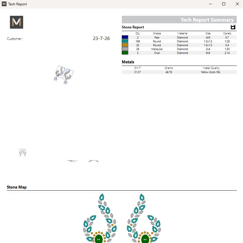 A screenshot of a jewelry tech report and stone map document showing two teardrop-shaped gemstone settings with green, blue, and gold stones, alongside a stone report table and customer details.