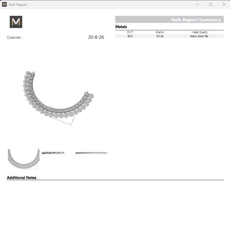 A screenshot of a technical report document titled 'Tech Report Summary' with a gray metal arch 3D model, customer details, and a table header for metals and grams.