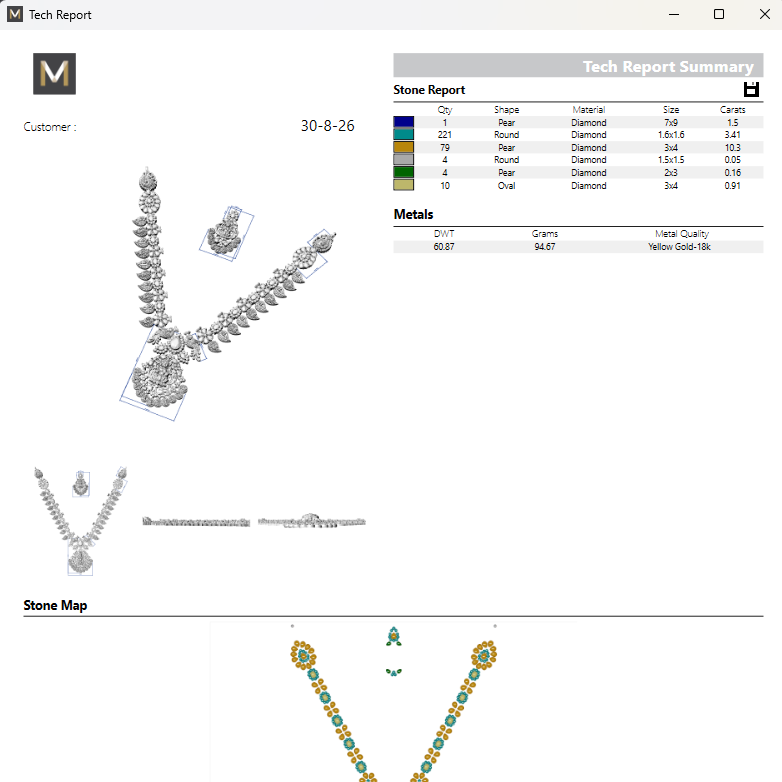 A screenshot of a gemstone and jewelry report interface titled 'Tech Report' with a customer logo, a necklace CAD rendering, a stone report table, a stone map diagram, and form fields for approval and printing.