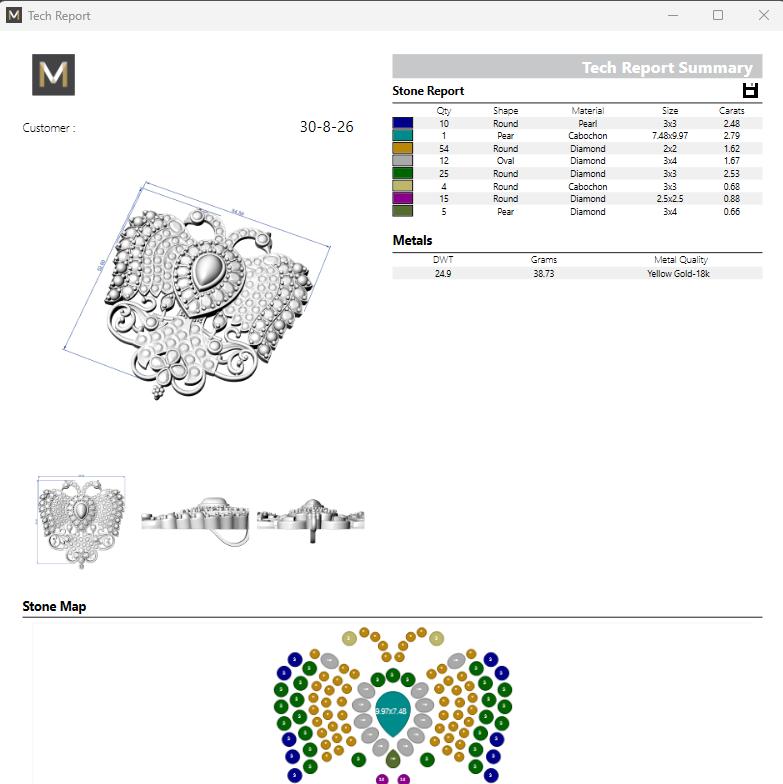 A screenshot of a technical report interface showing a jewelry stone layout diagram, a color-coded stone report table, metal counts, a stone map with a heart-shaped arrangement of colored stones, and form fields for customer approval and pricing.