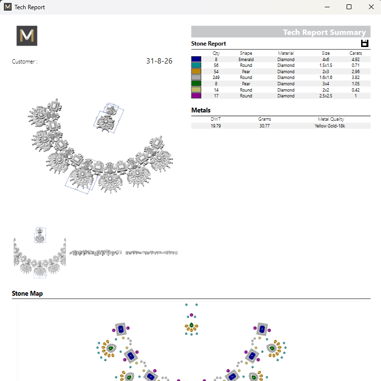 A screenshot of a jewelry tech report and stone report interface showing a floral crown necklace with color-coded stones, a metal summary table, a stone map diagram, and customer approval fields.
