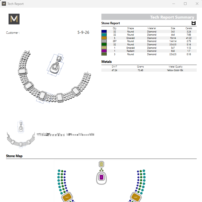 A technical gemology and jewelry analysis report screenshot for a diamond necklace. The report includes a customer logo, a 3D CAD rendering of the necklace, a stone report table with diamond carat and color data, a color-coded stone map, and customer approval fields.