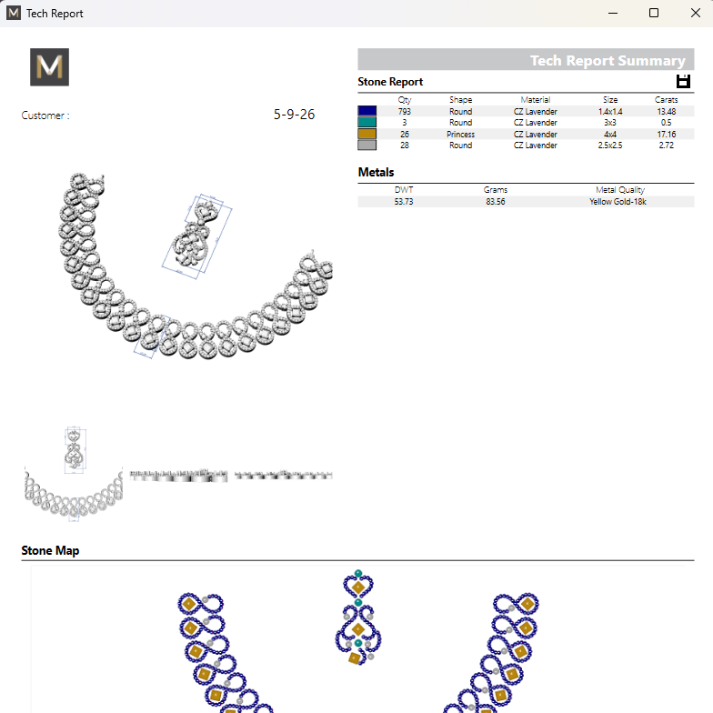 A screenshot of a jewelry technical report and stone map document showing a silver crescent-style piece with round stones, metal details, and color/quantity tables on a white interface background.