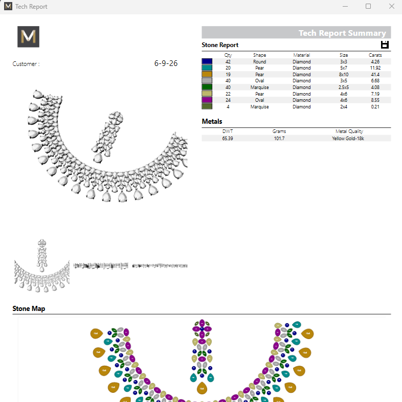 A screenshot of a technical jewelry appraisal report showing a 3D CAD rendering of a gold and diamond necklace, a color/stone report table, a stone map diagram, and customer approval fields.