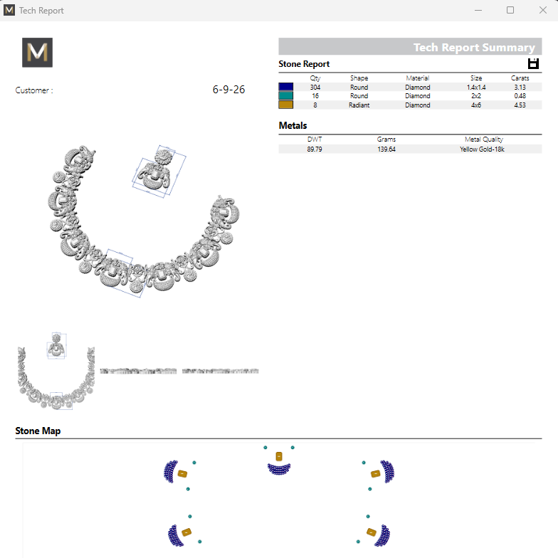 A screenshot of a jewelry technical report and stone report form, showing a silver-toned curved necklace or bracelet with inset gemstone details, metal color data, a stone map diagram, and customer information fields.
