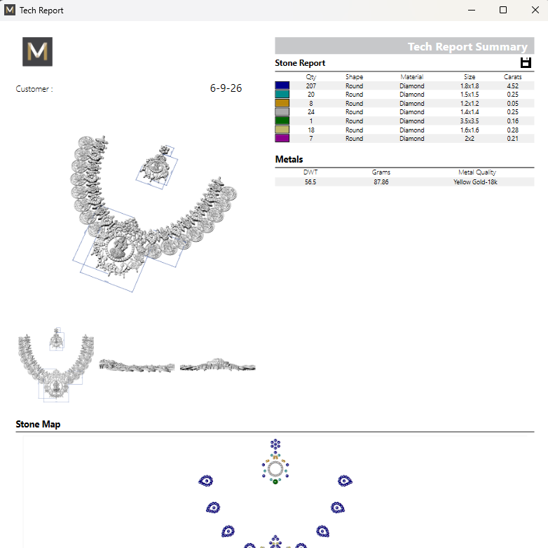 A screenshot of a jewelry technical report and stone map interface, showing a silver-toned necklace and earrings with measurement annotations, a color palette chart, metal summary, and a stone map diagram on a white document layout.
